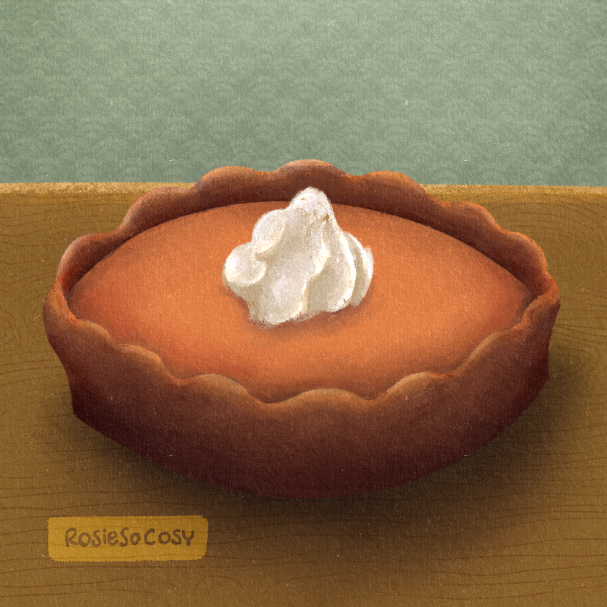 An illustration of pumpkin pie with a dollop of whipped cream on top. The pie is on a wooden table. In the background you can see a seafoam coloured wallpaper on the wall.