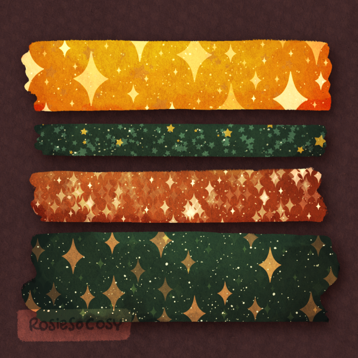 An illustration of a set of 4 washi tapes, all matching with sparkly patterns, and gorgeous autumnal colours.