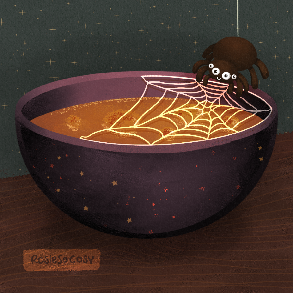 A dark purple bowl with an orange pumpkin like soup bubbling inside. The bowl sits on a wooden table, and there is a cute black spider spinning a web on top of the bowl.