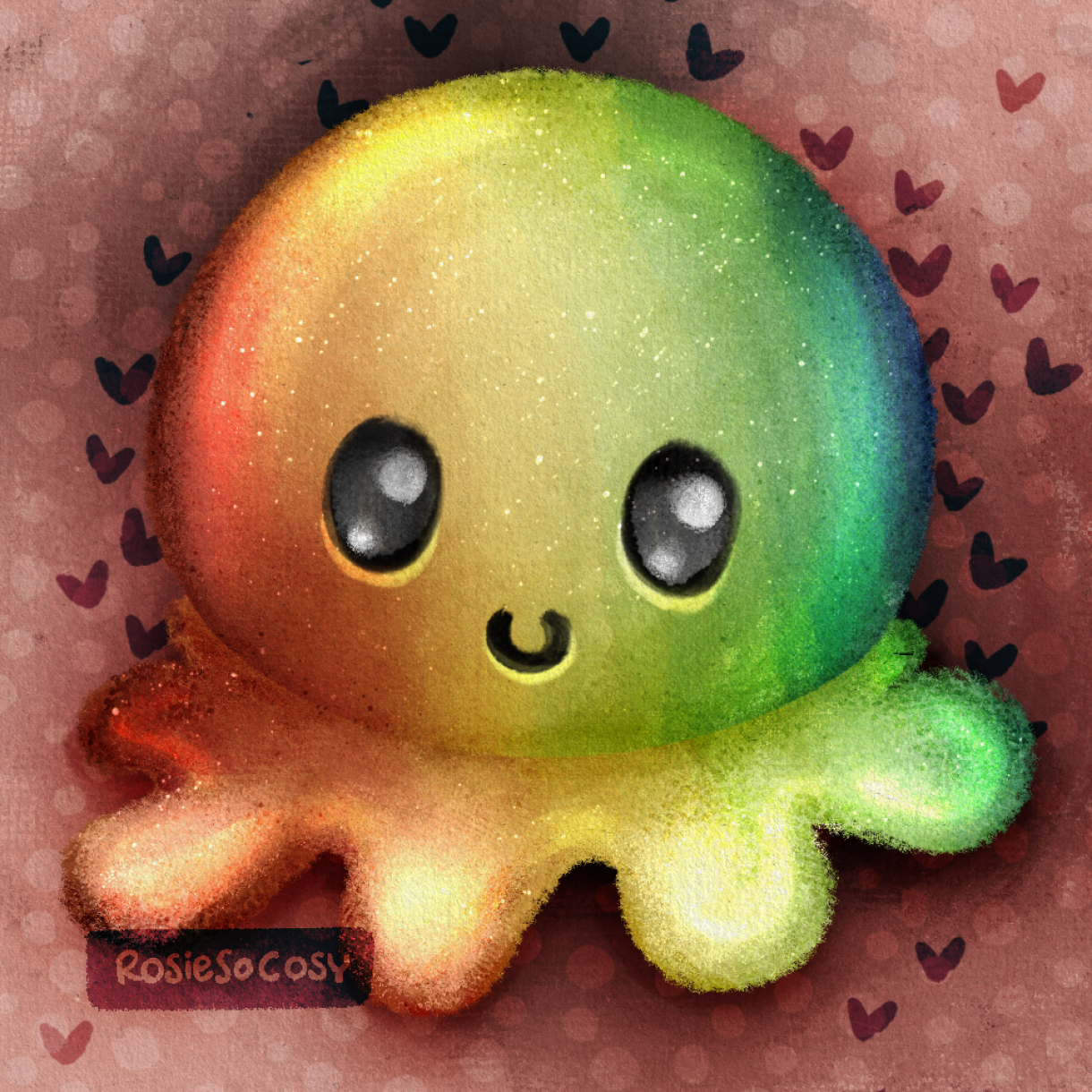 An illustration of a fuzzy rainbow plush octopus. It has big shiny black eyes and a pink background with dots and hearts.