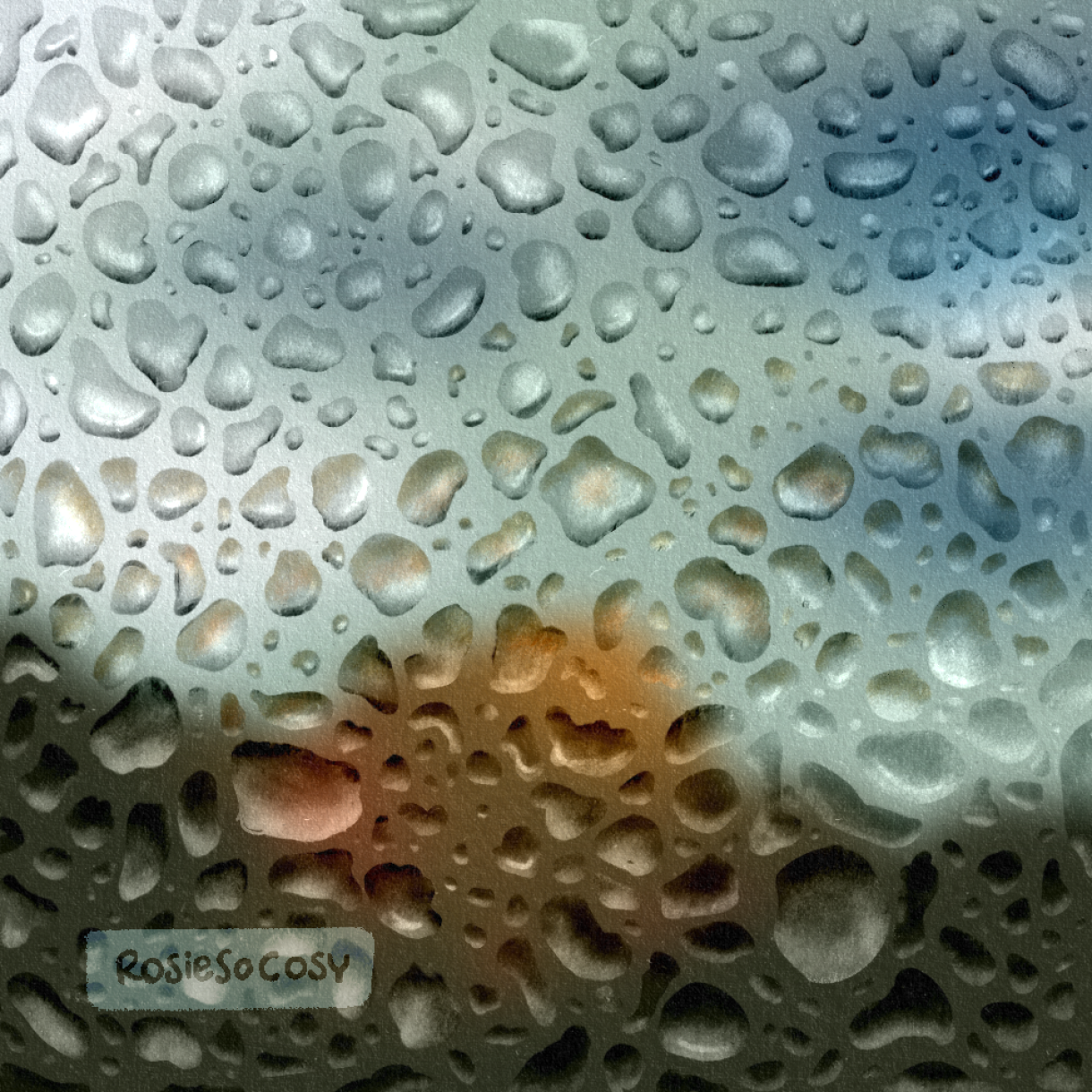An illustration of a glass window up close, with water droplets all over, and a blurry landscape in the background. The sky is overcast, grey with a few white and dark blue patches. There are green and yellow trees in the distance