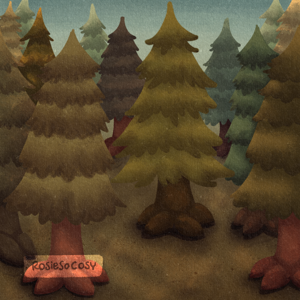An illustration of a forest with green cedar trees.