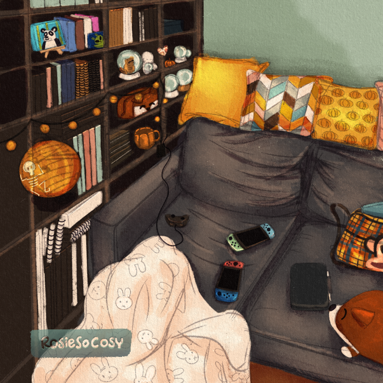 Illustration of a cosy corner in Rosie’s living room. It shows a room with seafoam walls, a 5x5 KALLAX unit with plenty of books and snowglobes.  There are various Halloween decorations inside. The sofa next to the bookcase is a faded grey, with worn down cushions, and colourful decorative cushions at the top. There are two Nintendo Switches on the sofa, as well as a Pro controller, an iPad with pencil, a plaid pattern Paul Frank Julius messenger bag, a Fox plushie and an off-white Nijntje Miffy blanket.