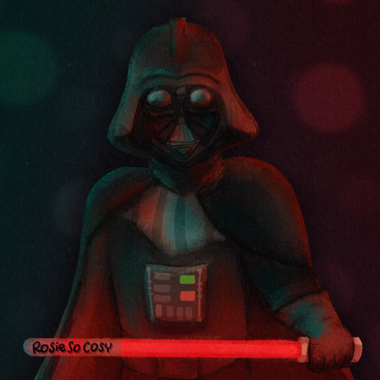 An illustration of Darth Vader from Star Wars, in a threatening pose, holding a red lightsaber.
