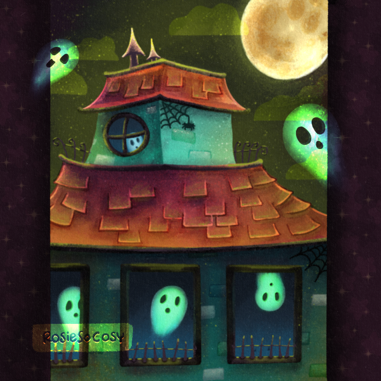 Illustration of a turquoise haunted house with orange rooftops, black gothic architectural details, and white ghosts roaming inside the building. The sky is dark and green.