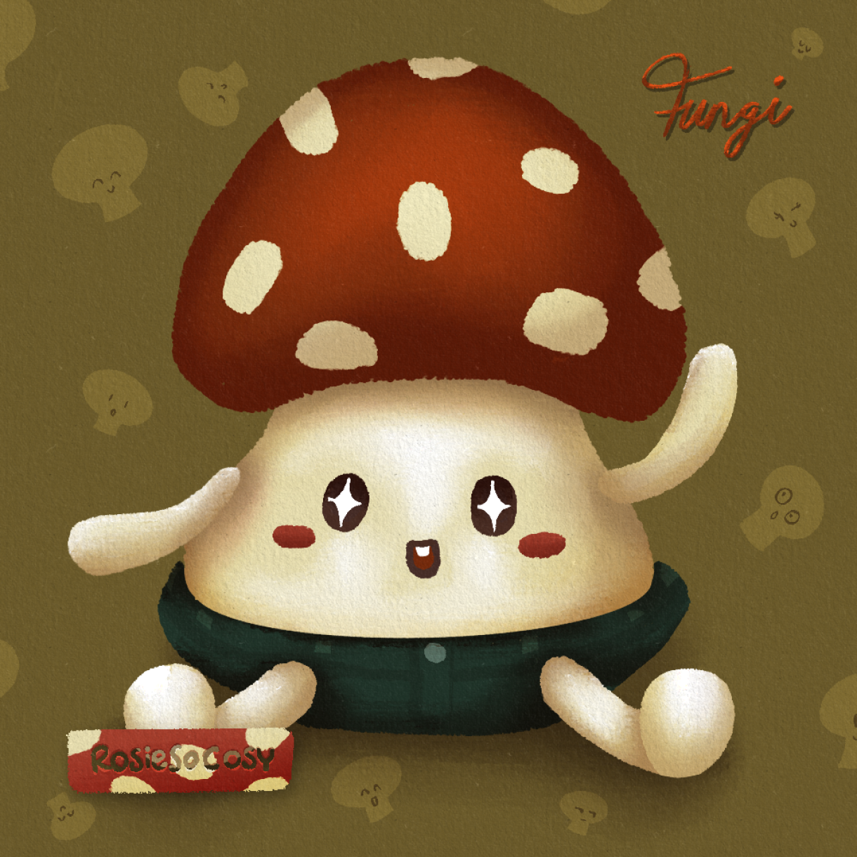 Illustration of a cute mushroom character, Shroompie. It’s a “fun guy” wearing jeans. Shroompie has stars in his eyes, and he is waving at you.