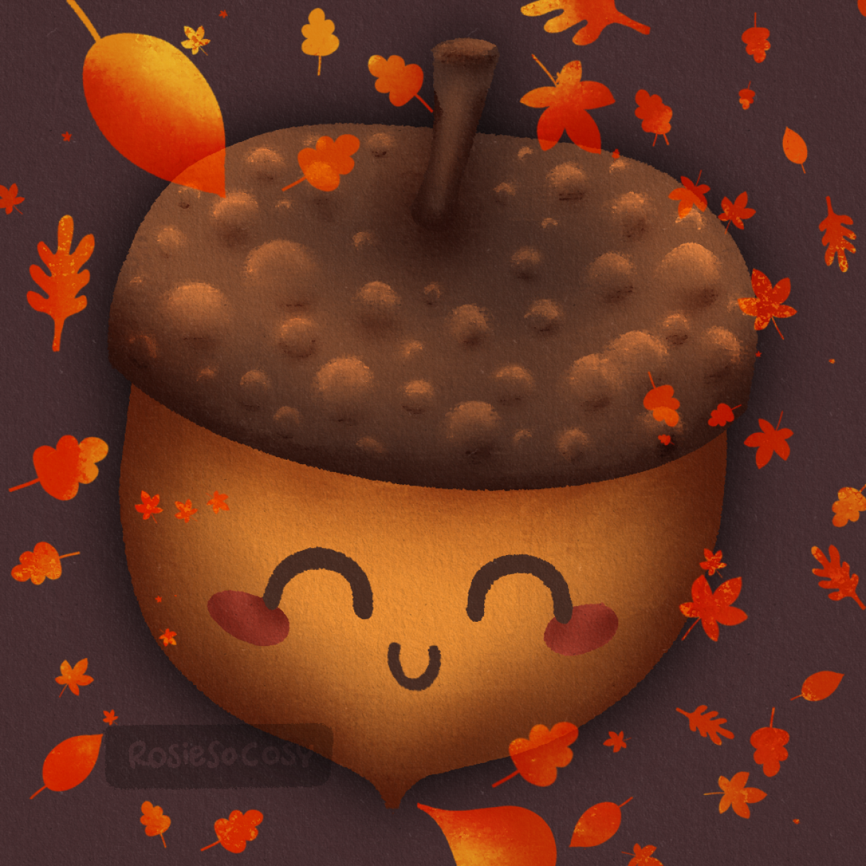 Illustration of an acorn with a cute face, surrounded by red and yellow fall leaves.