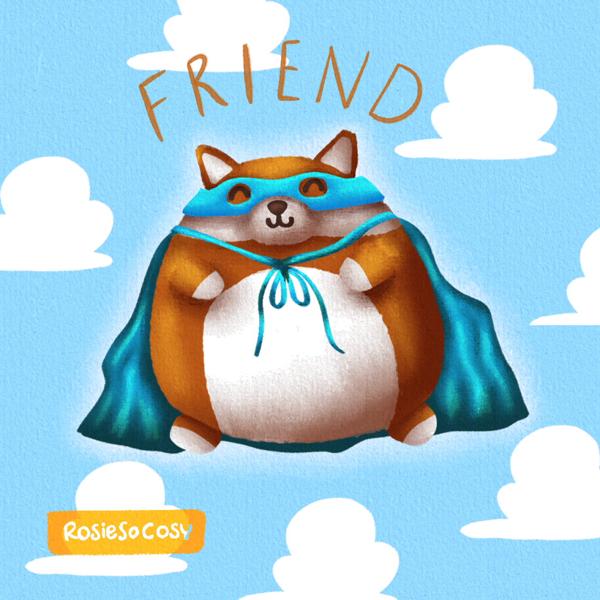 Illustration of an hero fox wearing a blue cape and mask, in the background a sky blue wallpaper with white puffy clouds like in the Toy Story movies.