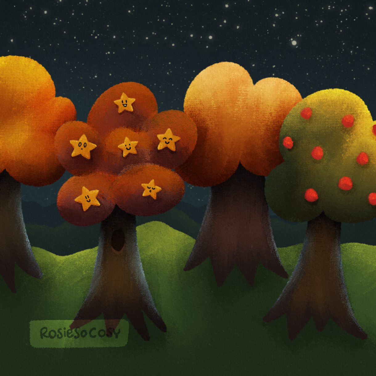 Illustration of a forest with autumnal trees, one of which has yellow stars in it.