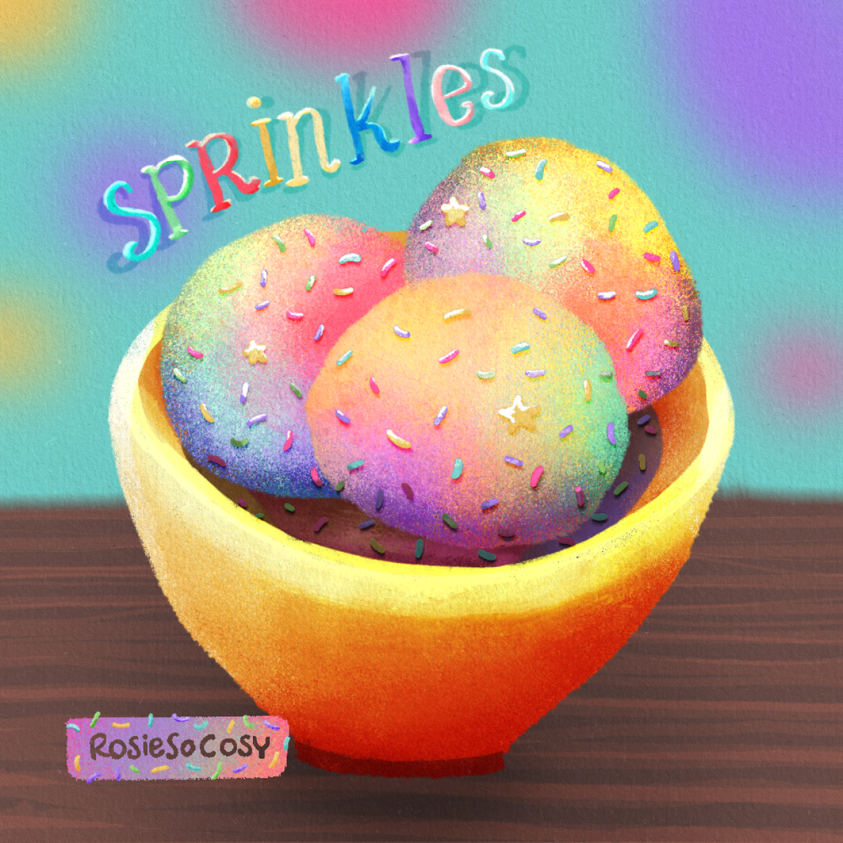 Illustration of a bowl of colourful rainbow ice cream with equally colourful sprinkles.