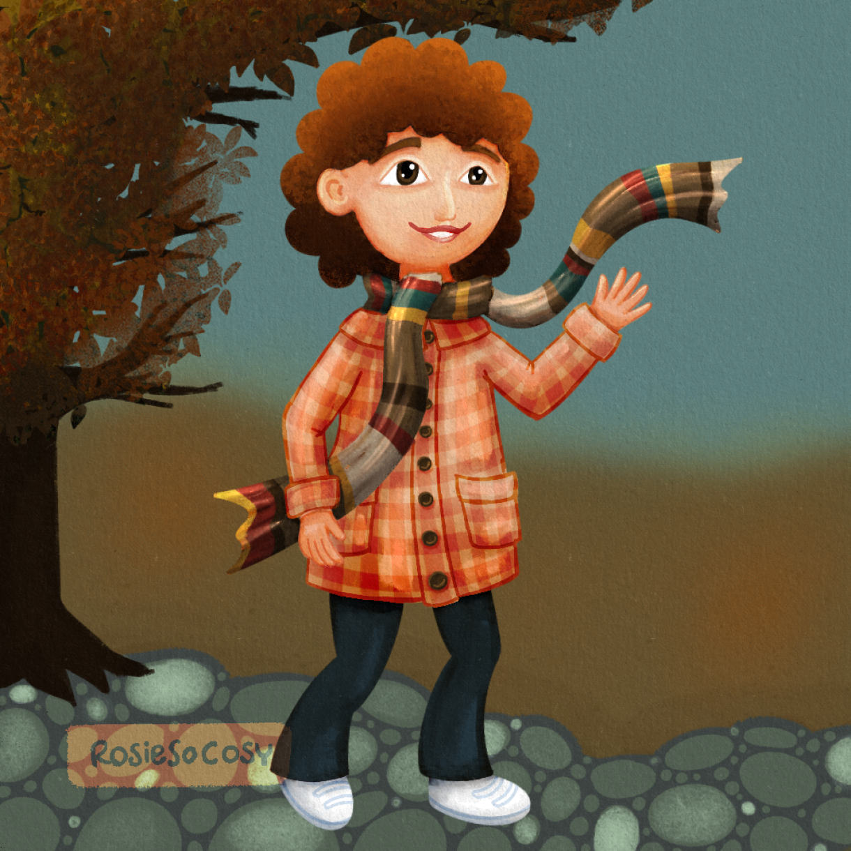 An illustration of someone wearing a scarf inspired by the striped scarf Tom Baker’s doctor in Doctor Who used to wear.