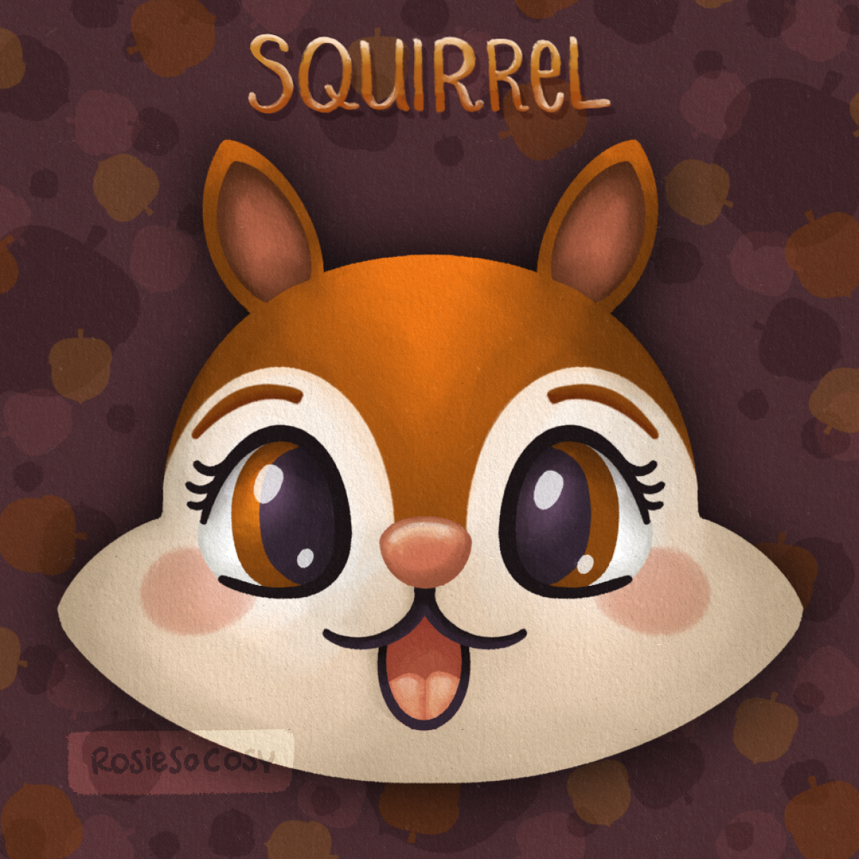 An illustration of a VERY cute squirrel, surrounded by lots of acorns.