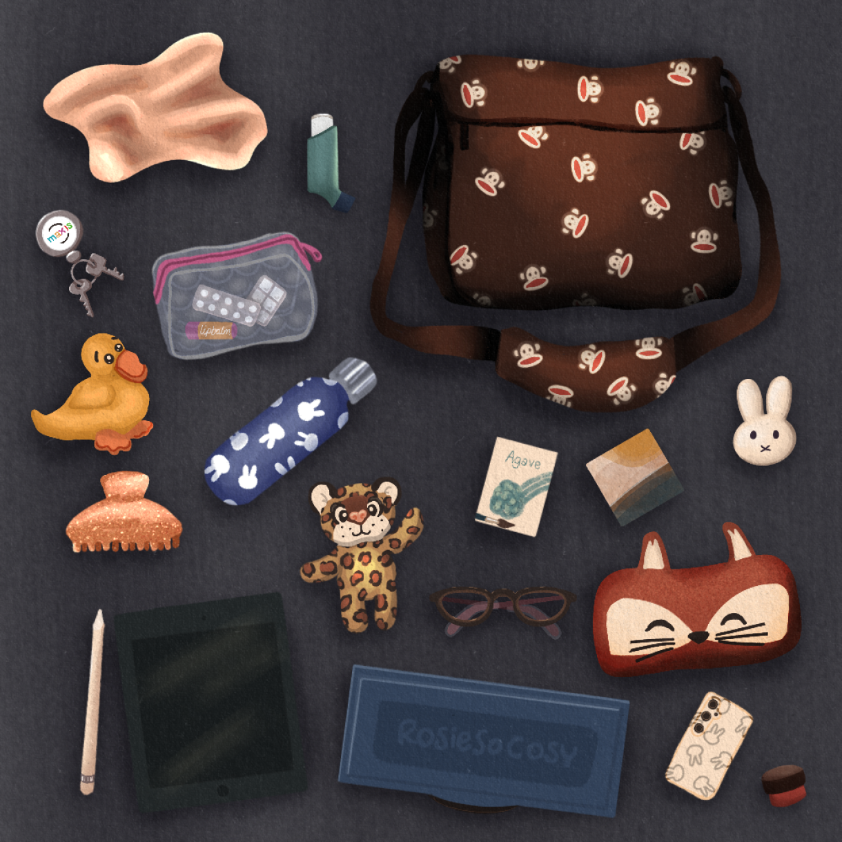 Illustration of a brown messenger bag, with its contents spread out around it. From left to right: a cloth to clean glasses, asthma inhaler, Paul Frank messenger bag, keys on a Maxis keychain, transparent mermaid pouch with meds and lipbalm, yellow Duckie plush, purple Nijntje/Miffy water bottle, Agave watercolour pad, tiny canvas, Nijntje/Miffy coin purse, orange glittery hair clip, Junior the leopard plushie, glasses, fluffy fox pencil pouch, Apple pencil, iPad, Mijello palette, Samsung phone and lipbalm