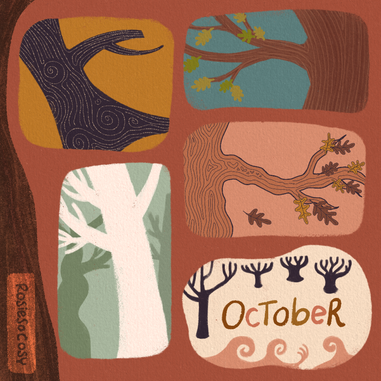 An illustration of several treescapes, all in a 50s and 60s art style.