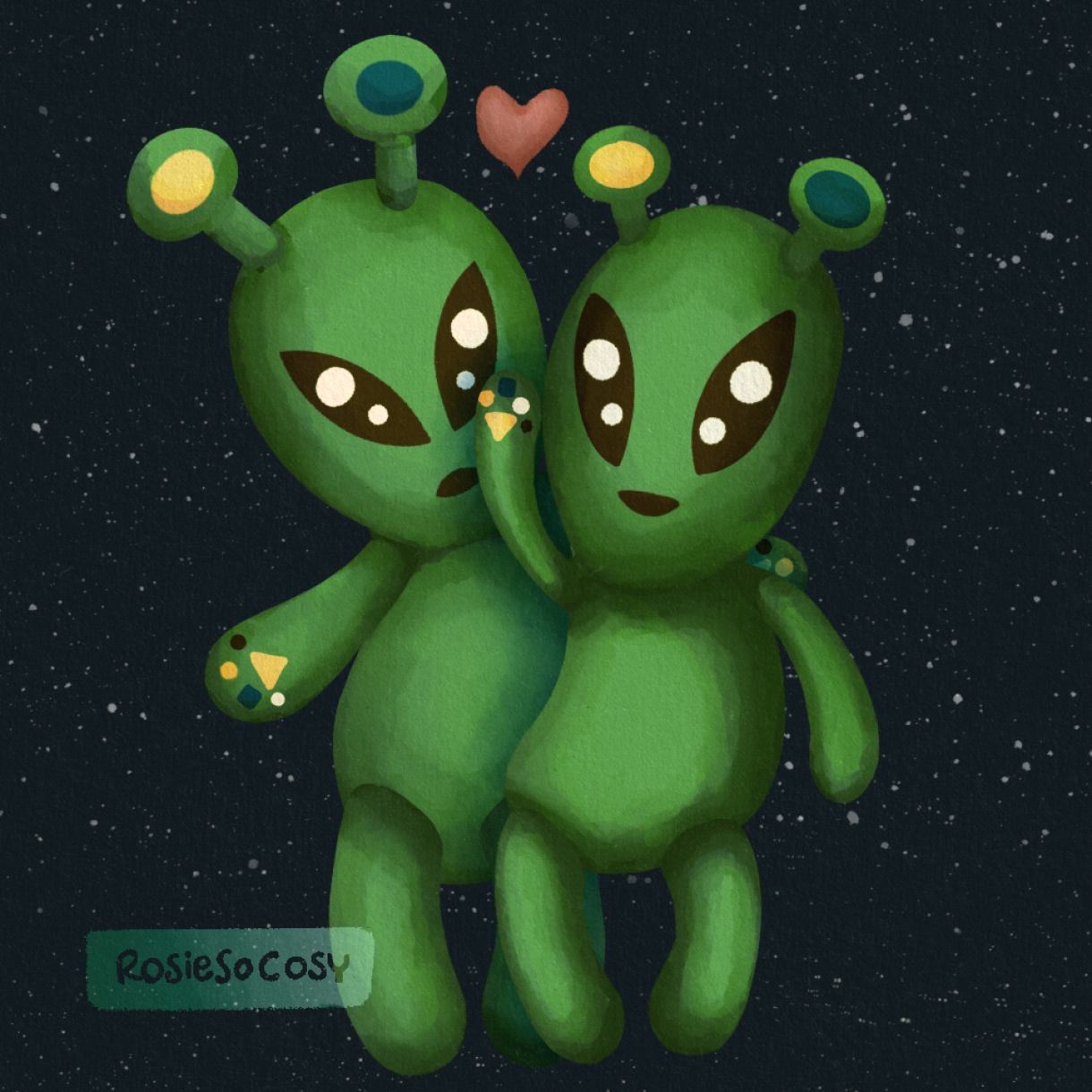 Illustration of two green AFTONSPARV aliens in space. They are in love. The tall alien is holding the shorter alien, and the shorter alien is caressing the face of the taller alien.