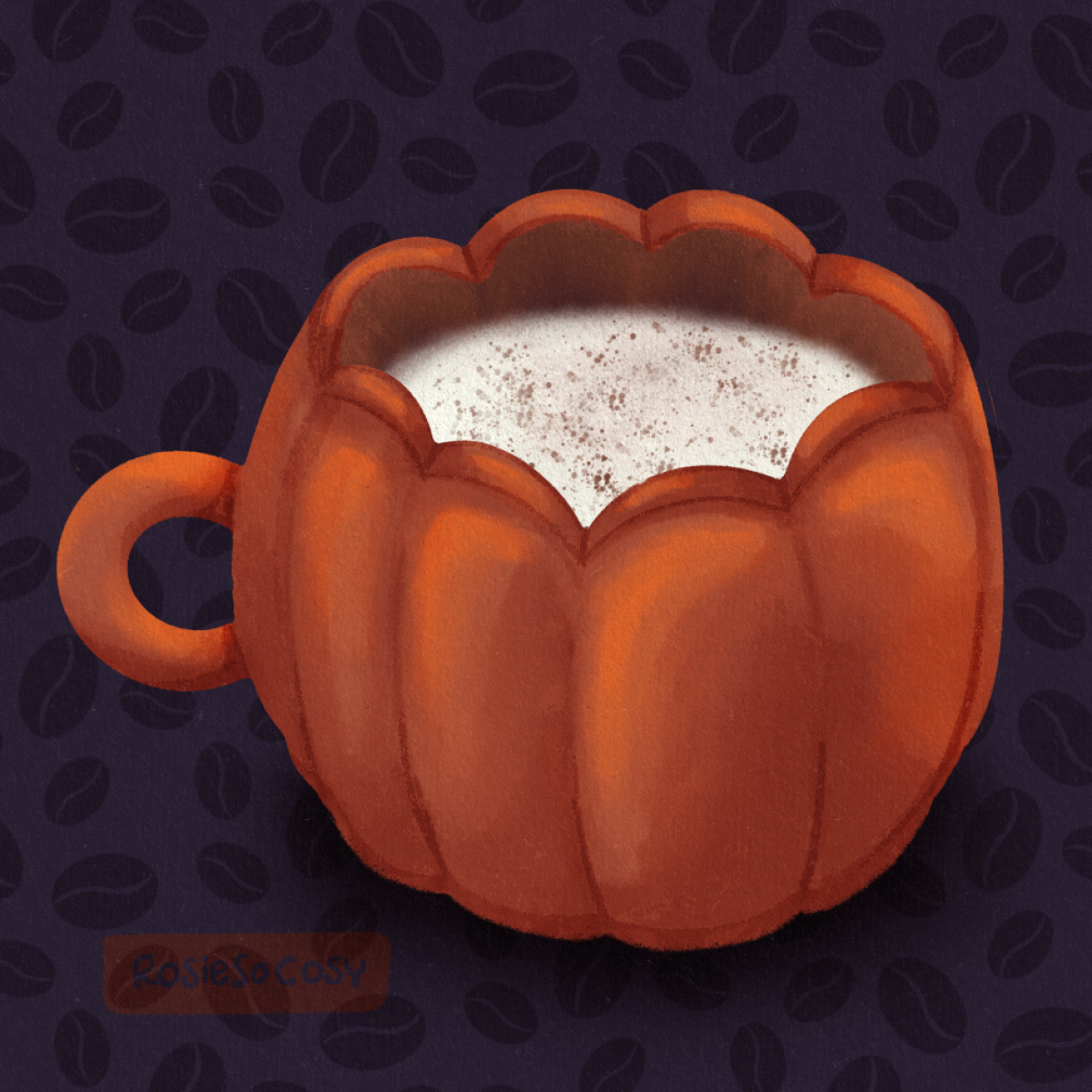 An illustration of a orange pumpkin shaped mug filled with a yummy latte caramel, with a foamy layer of soy milk and sprinkled with cinnamon.