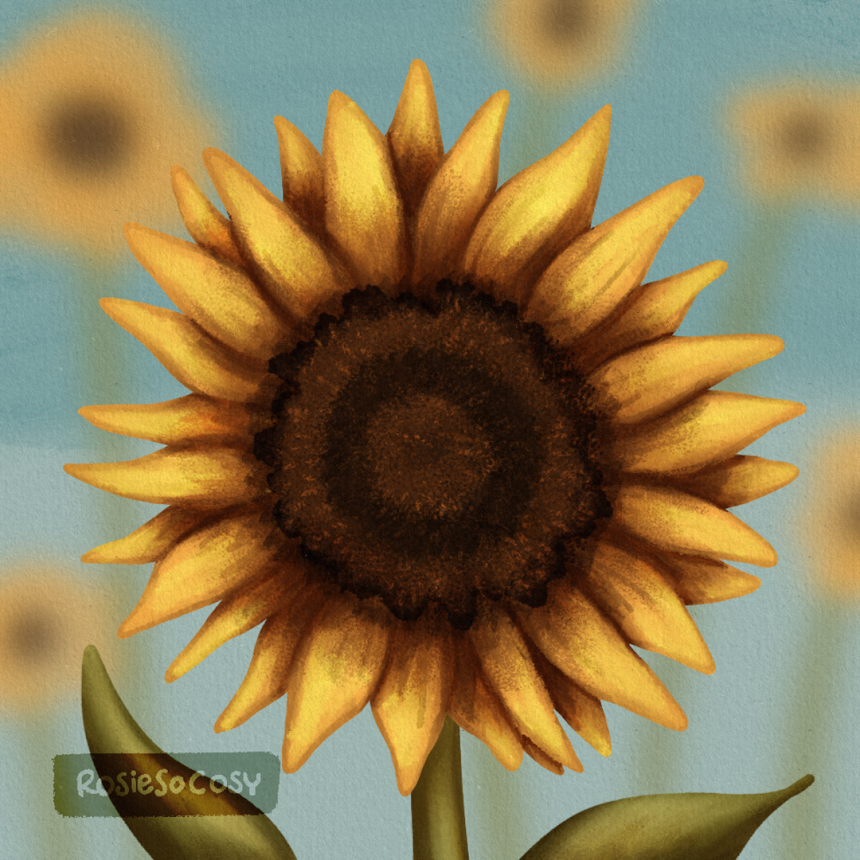 Illustration of a sunflower, with several blurry sunflowers in the background.