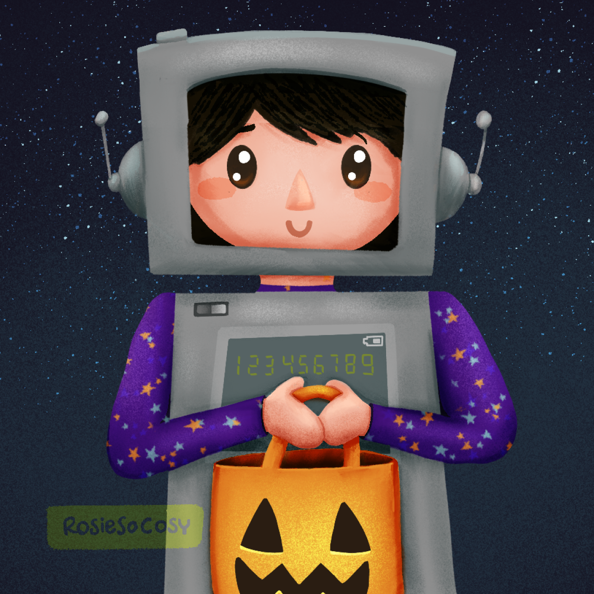 Illustration of a child in a robot costume, holding an orange Jack o Lantern candy bag.