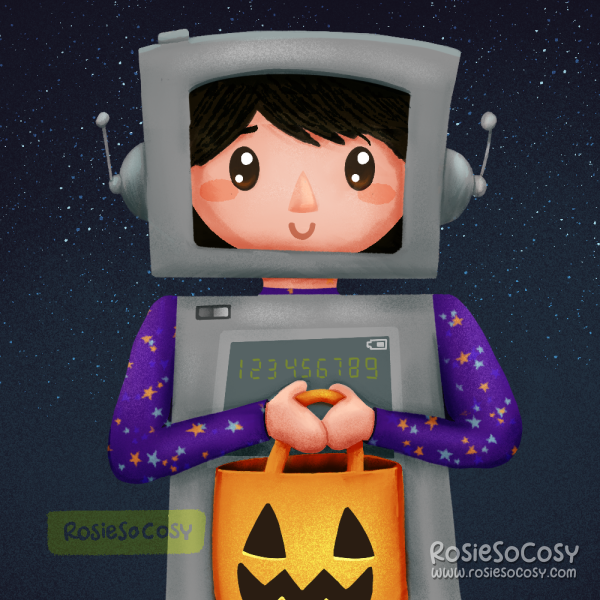Illustration of a child in a robot costume, holding an orange Jack o Lantern candy bag.