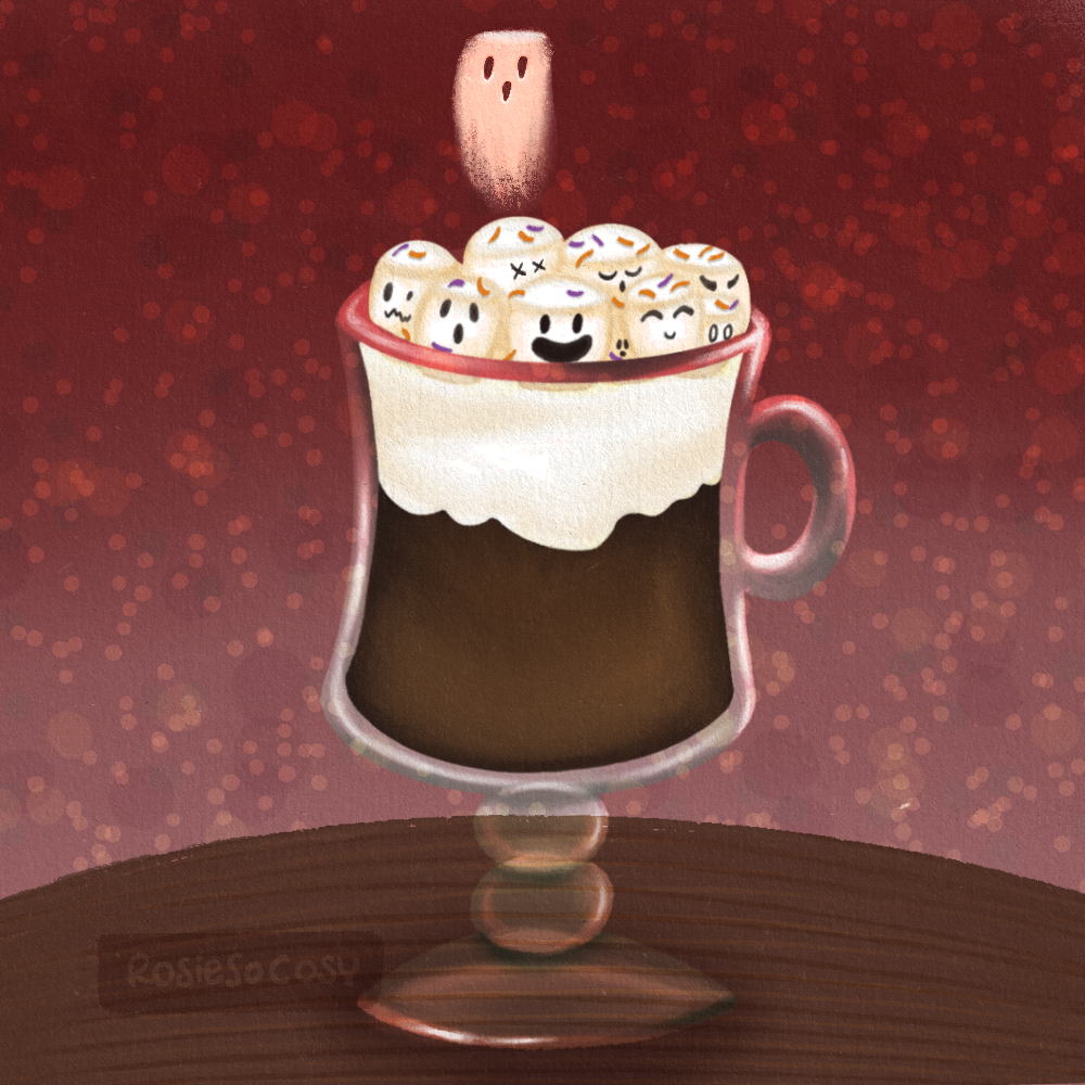 Illustration of a glass of hot chocolate, filled with a layer of whipped cream and marshmallows with cute faces. With a slight morbid twist, one of the marshmallows has melted and passed away, and its ghost is floating up into the air.